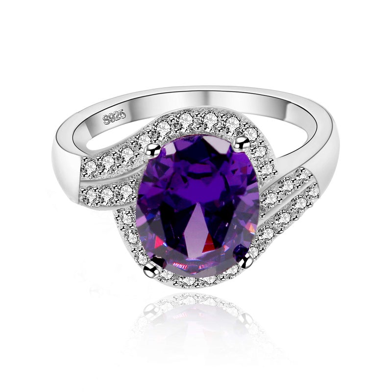 Uloveido Women Platinum Plated Simulated Purple Oval Amethyst February Birth Stone Solitaire Engagement Wedding Rings Dainty (Size 7) J334 - Image 1